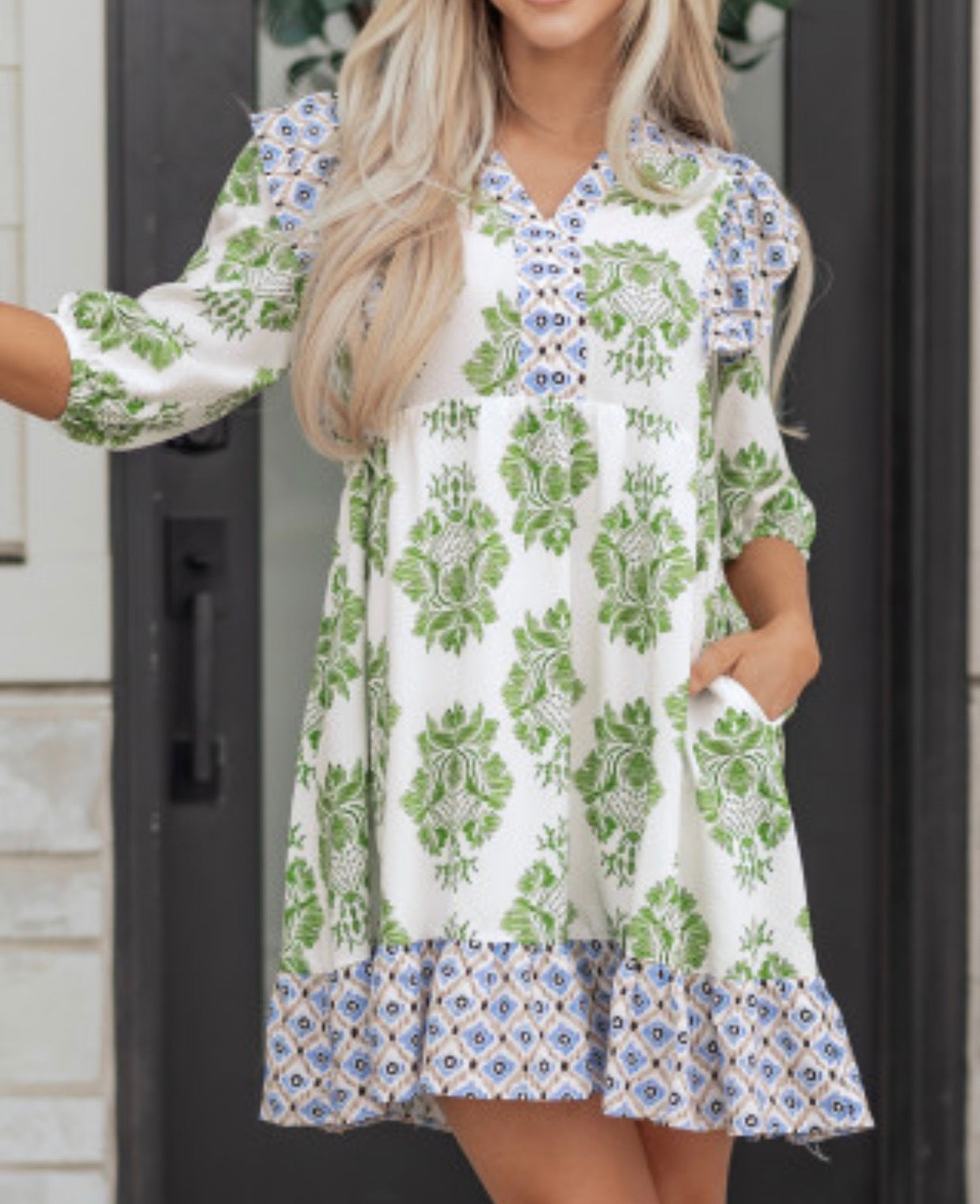 Green Floral Contrast Dress
