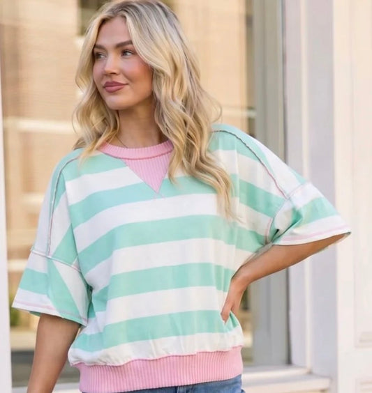 MINT AND BLUSH STRIPED SHORT SLEEVE SWEATSHIRT TOP
