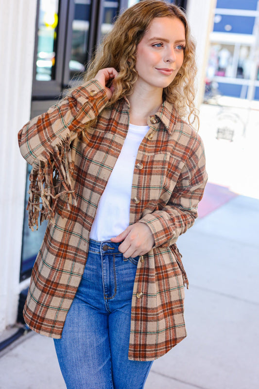 Boldly You Taupe & Rust Flannel Plaid Fringe Jacket