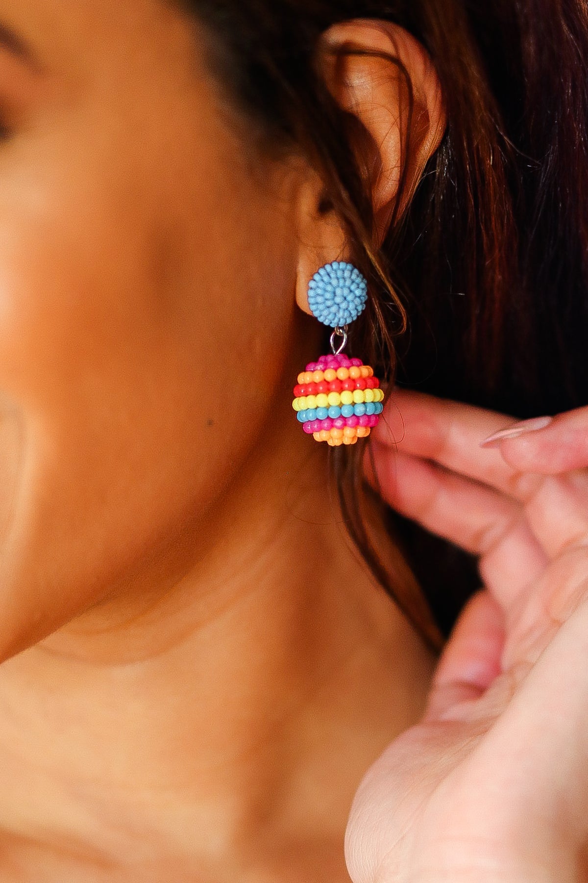 Blue Beaded Sphere Drop Earrings