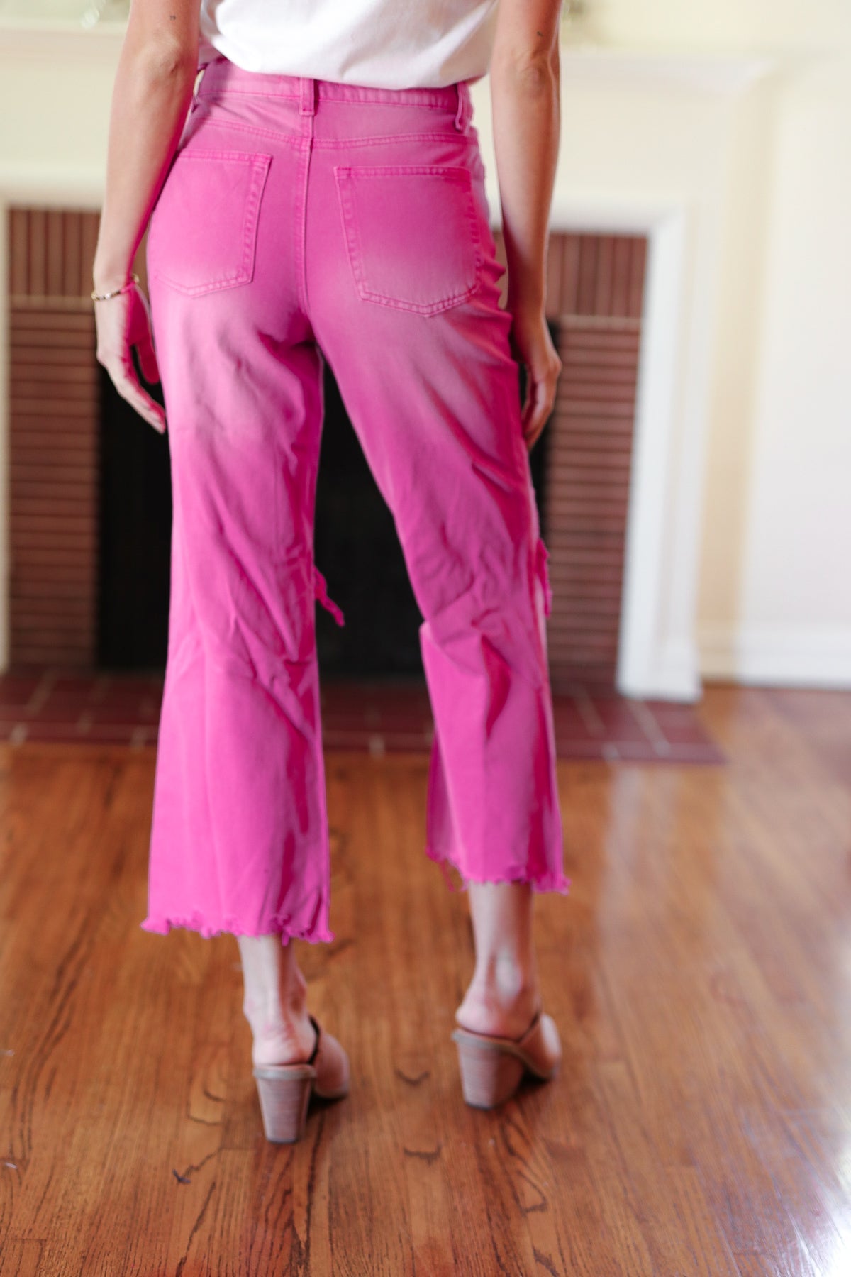 Cut Loose Hot Pink High Rise Washed Distressed Hem & Knee Cropped Pants