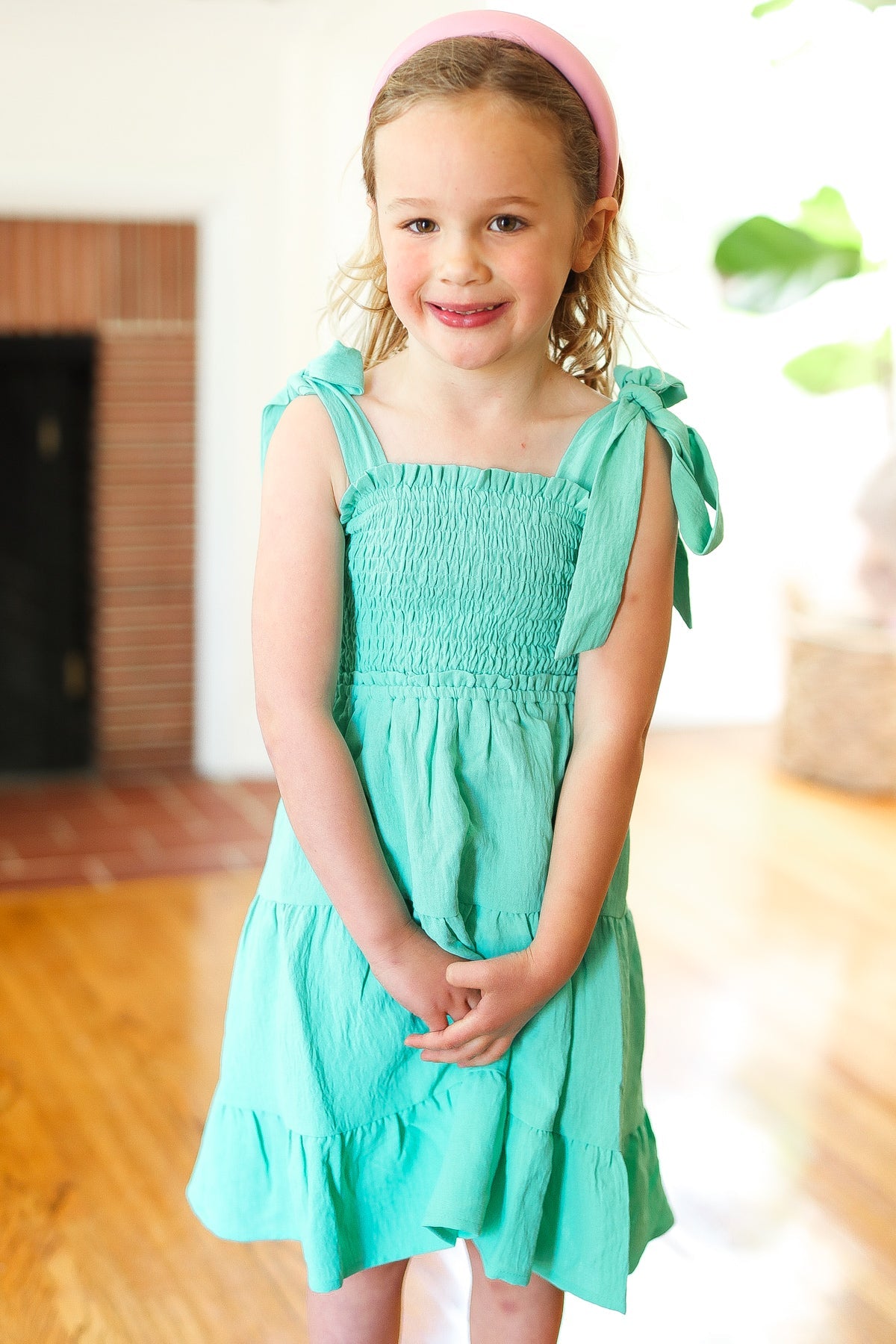 Kids Darling Lime Crepe Tiered Smocked Shoulder Tie Dress