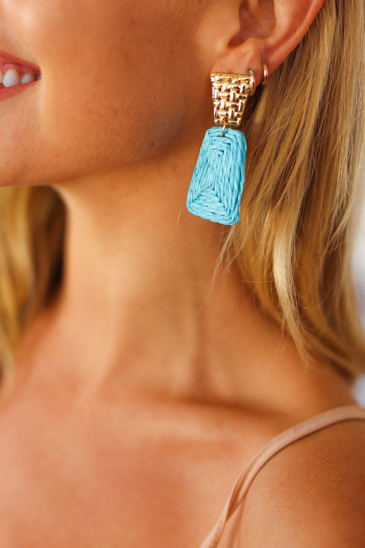 Azure & Gold Geometric Raffia Woven Earrings