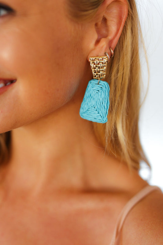 Azure & Gold Geometric Raffia Woven Earrings