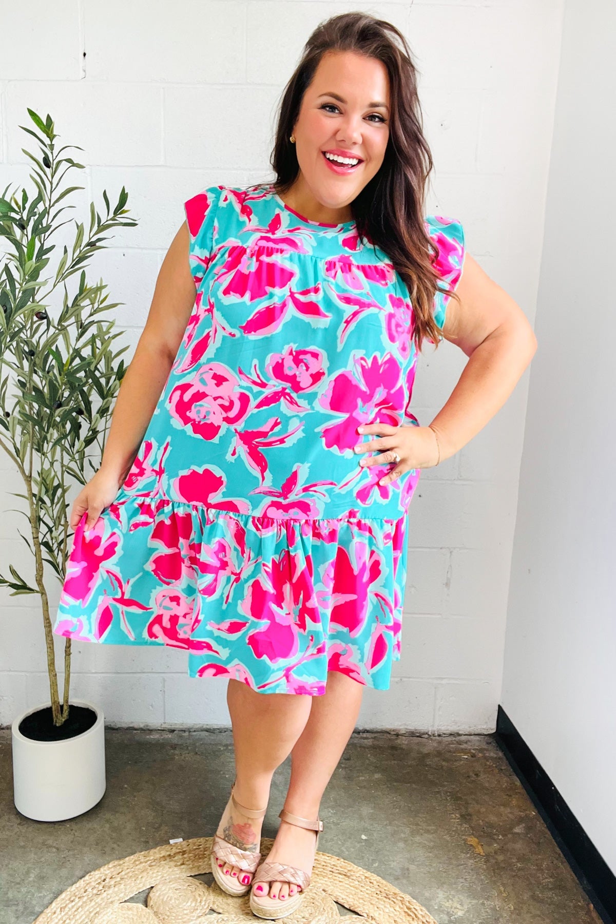 Diva Dreaming Aqua & Fuchsia Floral Print Tiered Ruffle Sleeve Dress