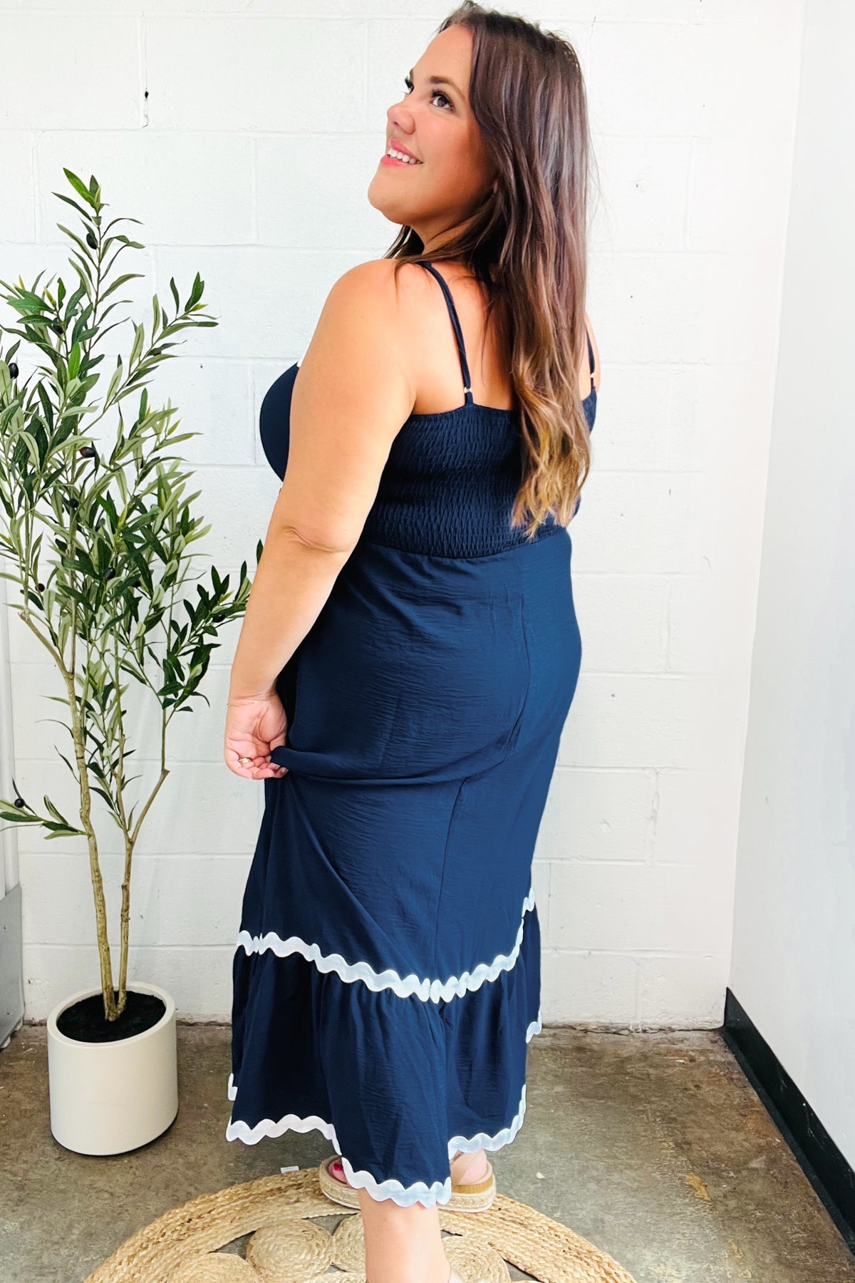 Bold & Sassy Navy Square Neck Ric Rac Trim Adjustable Straps Maxi