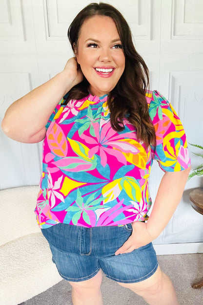 Vacay Ready Fuchsia Tropical Print Frill Mock Neck Top