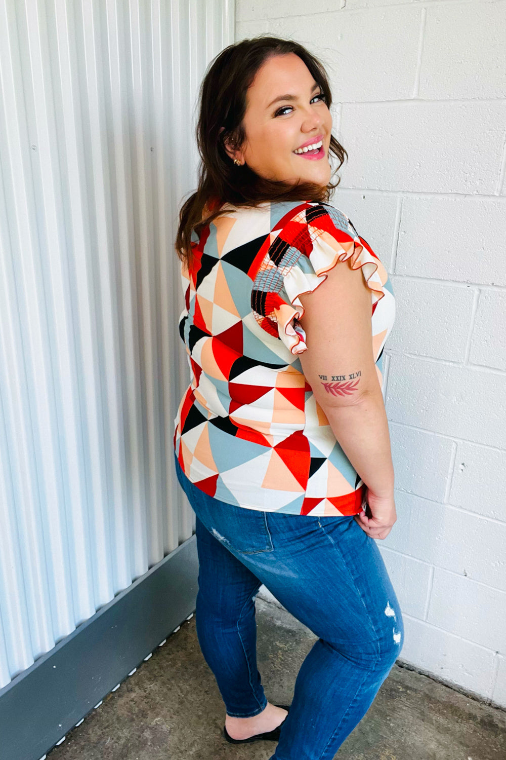 Burnt Orange Geo Print Smocked Ruffle Frill Sleeve Top